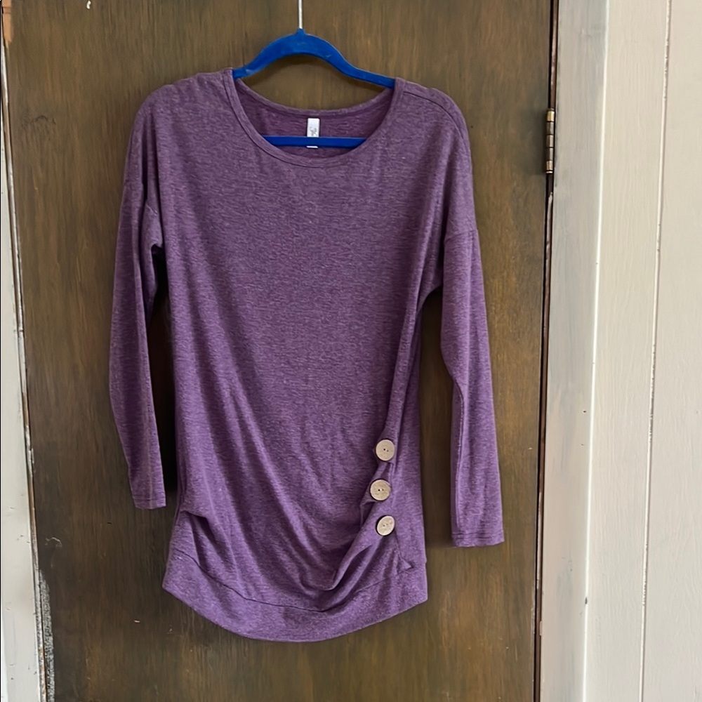 Amazon Purple 3/4 Sleeve Ruched Side Detail with Decorative Buttons Size Small